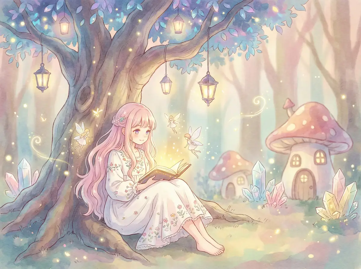 福利姬推荐 - 魔法森林中阅读故事书的粉发少女与精灵